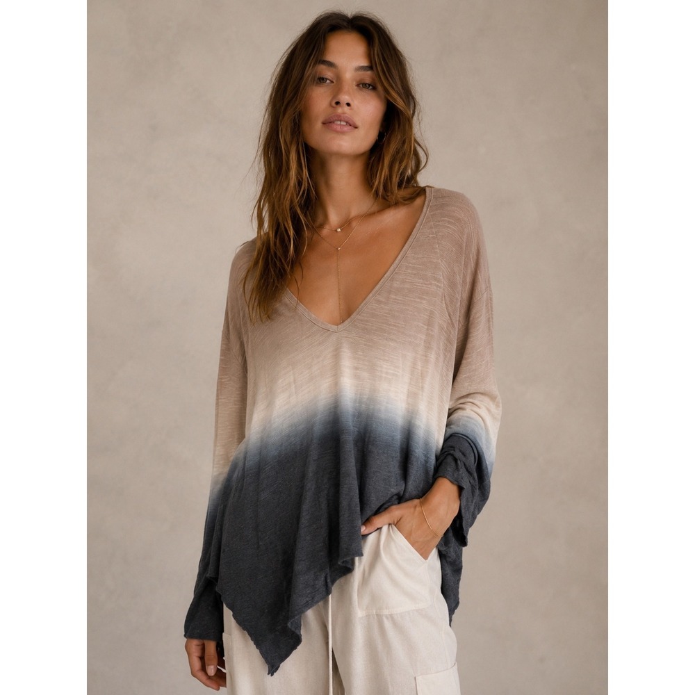 Young Fabulous & Broke Ombre V-Neck Handkerchief Hem Long Sleeve Top Tan Grey